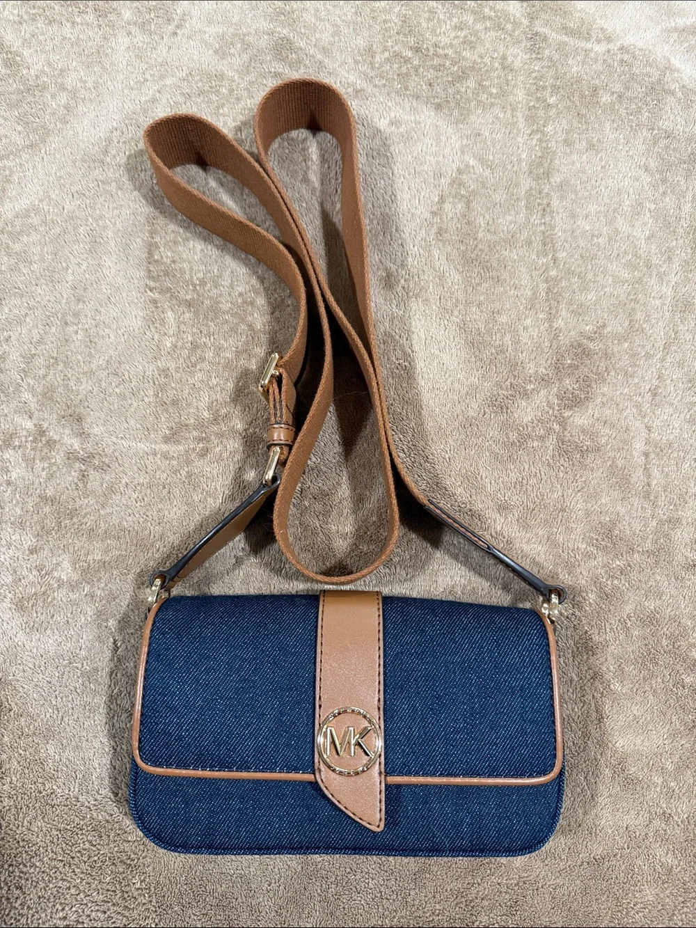 Michael Kors Blue Denim Crossbody with Brown Trim